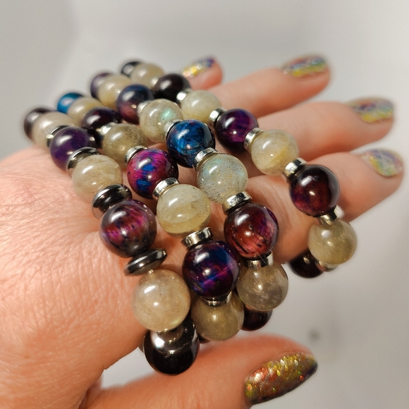 Labradorite, Blue/Purple Hawk's Eye natural gem Diffuser Bracelet - Hand Crafted - Picture 8 of 10
